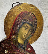 Tableau Ancien Portrait Vierge Marie en Prière Peinture Religieuse Icône s/ Bois