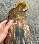 Tableau Ancien Portrait Vierge Marie en Prière Peinture Religieuse Icône s/ Bois